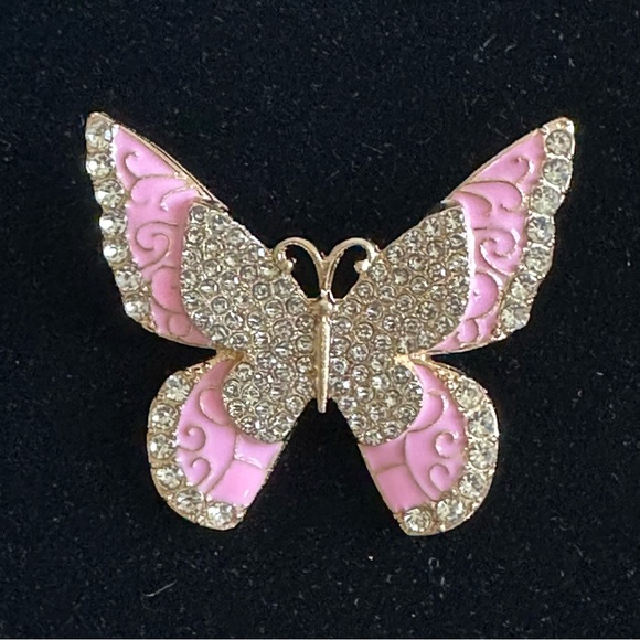 Vintage Style Pink Enamel & Rhinestone Butterfly Brooch | Gold Tone Pin | NEW - Picture 3 of 4